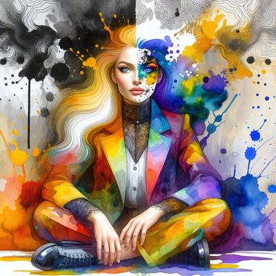 The primary subject of the image is a woman with blonde hair, wearing a colorful jacket and sitting on the floor. She is surrounded by a vibrant and colorful environment, which includes a mix of yellow, orange, and purple colors. The setting appears to be a creative and artistic space, possibly a studio or a gallery. The visual style of the image is a combination of digital art and illustration, with the woman's face and the surrounding environment being depicted in a detailed and intricate manner
